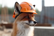 Engineer Fox In A Work Helmet On A Construction Site. Construction Of A Large House From Cement And Building Materials, Generative AI