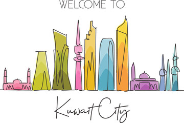 Wall Mural - Single continuous line drawing of Kuwait city skyline Middle East. Famous city scraper and landscape home decor wall poster print. World travel concept. Modern one line draw design vector illustration