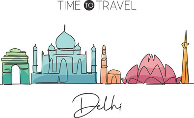 Wall Mural - Single continuous line drawing of Delhi skyline, India. Famous city scraper landscape home wall decor art poster print. World travel concept. Modern one line draw graphic design vector illustration