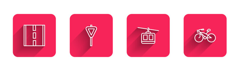 Sticker - Set line Road, traffic signpost, Cable car and Bicycle with long shadow. Red square button. Vector