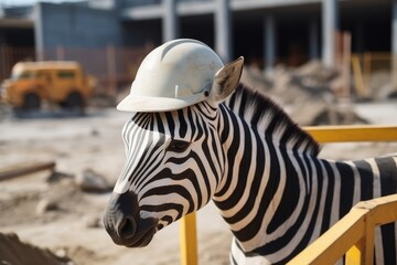 Wall Mural - Engineer zebra in a work helmet on a construction site. Construction of a large house from cement and building materials Generative AI