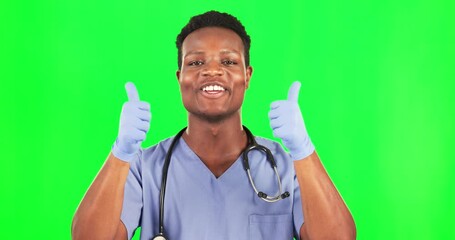 Sticker - Black man, doctor and thumbs up on green screen, health with positive opinion and mockup space on studio background. Male surgeon smile, portrait and confidence in healthcare with agreement and emoji