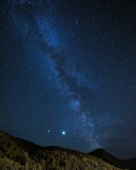 Wall Mural - Low angle shot of a starry night sky above green mountains