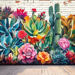 southwestern wall mural with vivid succulents and cactus on an old white brick wall.