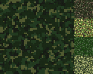 Pixel camouflage patterns. Green seamless pixel camo. Army and hunting camouflage ornament. Masking design for army or hunting. Vector illustration for fabric design and clothes
