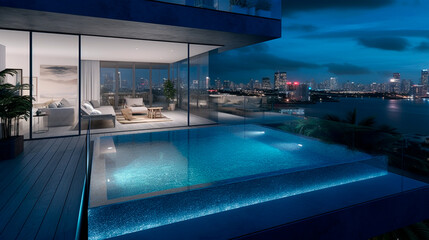 Impressive luxury penthouse terrace with a swimming pool overlooking Miami. Generative AI