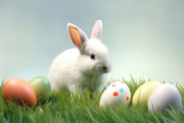 baby rabbit as easter bunny on grass with easter eggs, ai generated, Generative AI