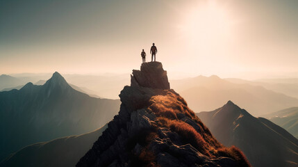 Two person on a top of mountain peak, visualization of team success. Generative AI