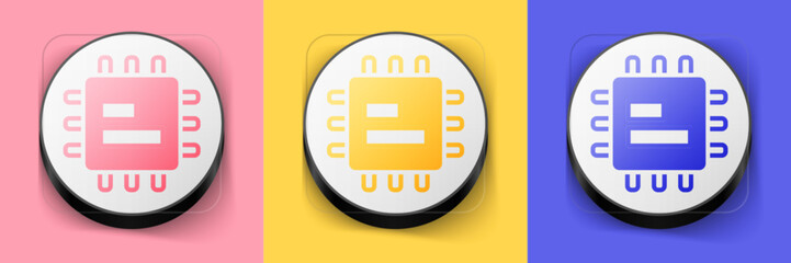 Poster - Isometric Computer processor with microcircuits CPU icon isolated on pink, yellow and blue background. Chip or cpu with circuit board. Micro processor. Square button. Vector