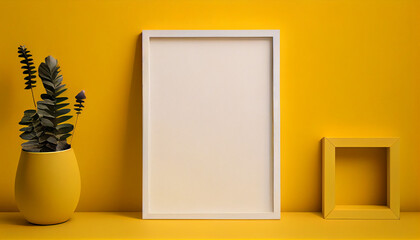 Blank picture photo frame mockup on yellow wall Ai generated image