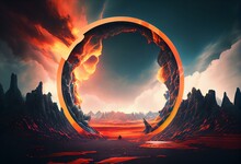 Abstract Futuristic Fantasy Desert Landscape, Fiery Circle, Neon Circle. Gloomy Clouds, Clouds, Light Circle. Sci-fi Landscape Of An Alien Planet. Unreal World. 3D Illustration. Generative AI