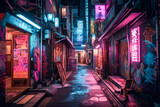 Fototapeta Londyn - Tokyo City by Night, Anime and Manga drawing illustration, city ​​views, magenta, purple, neon, Generative AI