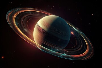 Wall Mural - beautiful space horizontal illustration of planet with ring, nebula and star light on dark color sky