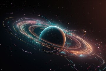 Wall Mural - beautiful space horizontal illustration of planet with ring, nebula and star light on dark color sky
