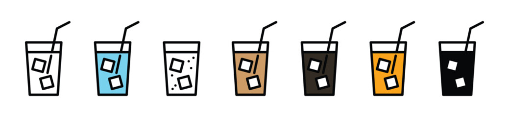 Water glass icon set. Drink water glass icons. Drink glass icon collection with straw in color. Coffee, tea, milk, cocoa, mineral, juice drink sign and symbol. Vector illustration	