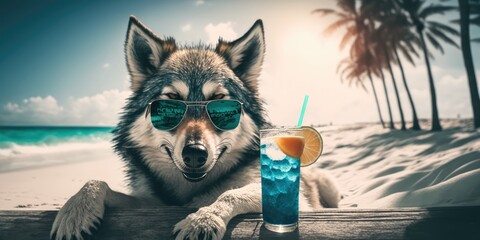 wolf is on summer vacation at seaside resort and relaxing on summer beach