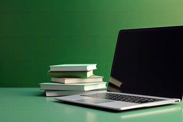 Laptop and books illustration, technology and knowledge concept, green background. Generative AI