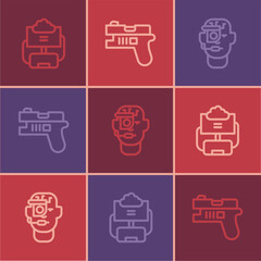 Poster - Set line Cloud database, Smart glasses on spectacles and Futuristic weapon icon. Vector