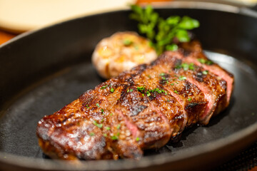 Poster - Slice of the beef steak on the plate in restaurant