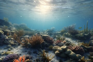 Wall Mural - A detailed illustration of a sea or ocean scene with marine life, Generative AI