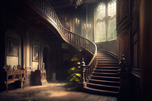 Old Wooden Staircase In Abandoned Manor Interior Hallway (Generative AI)
