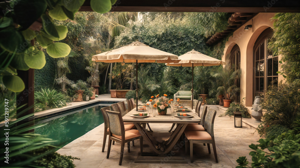 A remarkable image of an exquisite alfresco dining setup, nestled ...