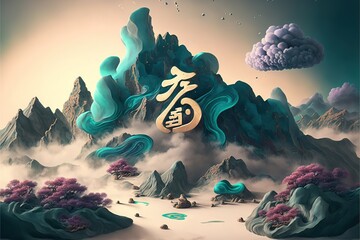 Wall Mural - beautiful abstract asian mountain landscape AI