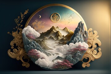 Wall Mural - beautiful abstract asian mountain landscape AI