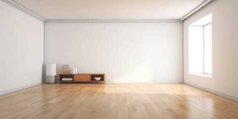 Wall Mural - A mid-century modern and minimalist aesthetic defines the interior of this living room, which features a white wall and wood floor, Generative AI