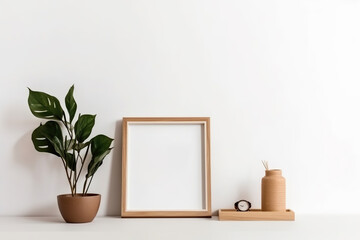 Wall Mural - A small wooden frame mockup in a Scandinavian-style interior with a trailing green plant in a pot, a stack of books, and a shelf on an empty neutral white wall background, Generative AI