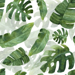  Hawaiian seamless pattern with tropical leaves. Hand drawn watercolor painting. Summer botanical illustration of exotic plants. For cards, invitations, textile, wrapping paper, wallpaper, blogs