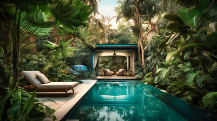 A striking image of a garden villa pool, blending luxurious indoor and outdoor living spaces in a tropical paradise.