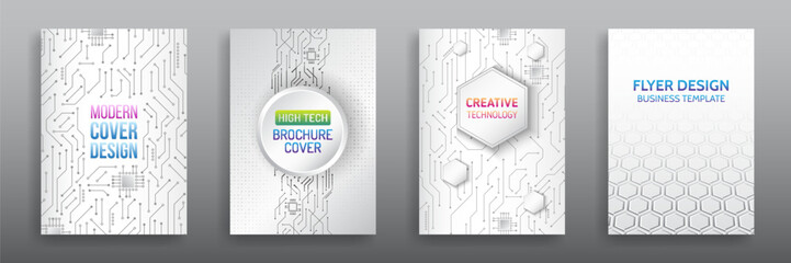 Grey hi-tech vector illustrations for business presentations. Futuristic business posters, Technology covers corporate documents. Layout template science designs. Brochure, flyer, book, annual report.