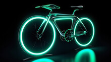 Generative Ai Illustration Of A Futuristic Bike In Turquoise Neon Color Against Black Background
