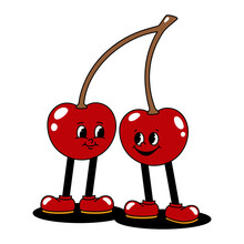 Vector Cartoon Retro Mascot Color Illustration Of A Walking Cherry. Vintage Style 30s, 40s, 50s Old Animation. The Clipart Is Isolated On A White Background.