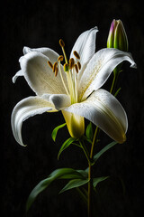 Poster - Close up of white flower with black background in the background. Generative AI.