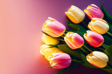 Poster - Bunch of pink and yellow tulips on pink and purple background. Generative AI.