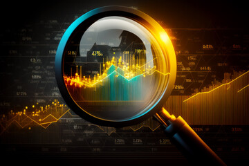 Magnifying glass over chart with gold bar under it. Generative AI.