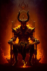 Canvas Print - Demonic demon sitting in chair in front of fire filled background. Generative AI.