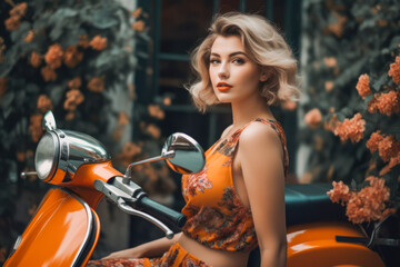 Attractive young woman in a stylish dress riding a vintage scooter during a warm summer day, surrounded by blooming flowers and showcasing her gorgeous hair. Generative AI