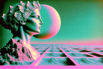 Poster - Vaporwave background with ancient greek statue head and architectural elements. Abstract vaporwave background in 80s style. Generated AI.