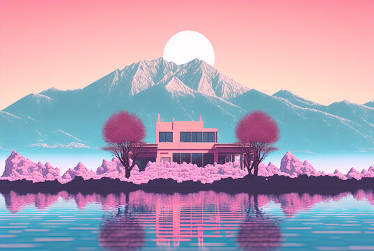 calm and relaxing landscape with mountains in vaporwave style. pink and blue view in 90s style. gene