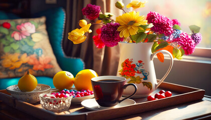 Poster - Tray with cup of coffee and vase of flowers on it. Generative AI.