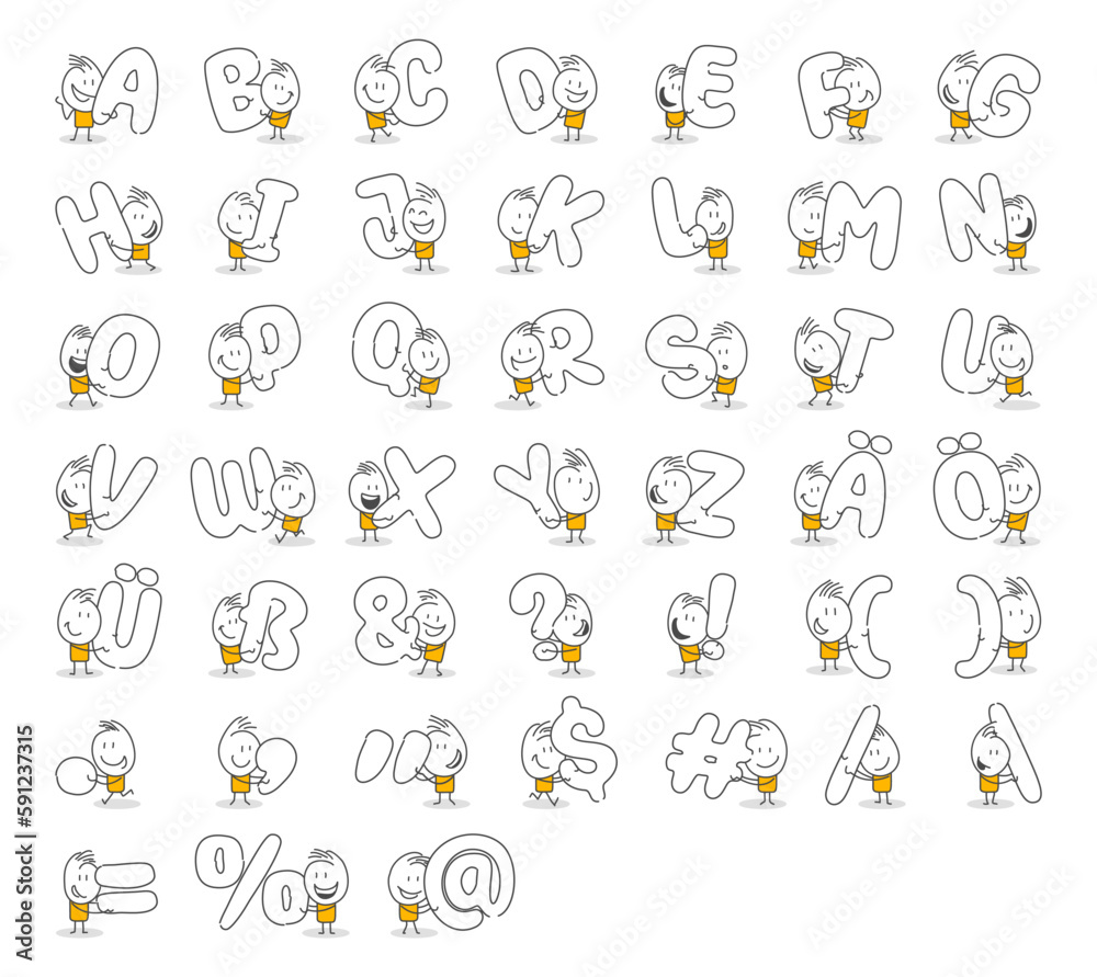 Stick figures. Alphabet. Isolated on white background. Hand drawn ...