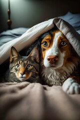 Canvas Print - Dog and cat laying under blanket under blanket on bed. Generative AI.