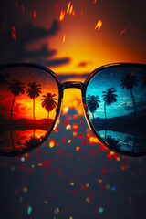 Canvas Print - The reflection of palm trees in the sunglasses of man on the beach. Generative AI.