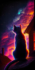 Wall Mural - cat looking out window at the sky and stars. Generative AI.