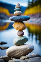 Sticker - Stack of rocks sitting on top of each other in front of body of water. Generative AI.