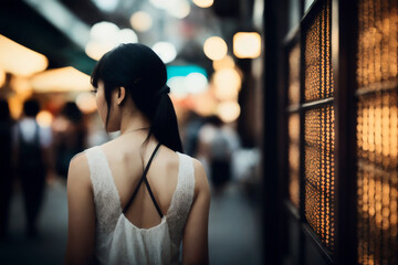 Portrait of Korea travel asian tourist chinese woman walking in shopping market street food alley. Travel concept. Generative AI