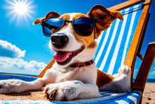 Portret Cute Dog In Sunglasses On The Beach In Sun Summer Day